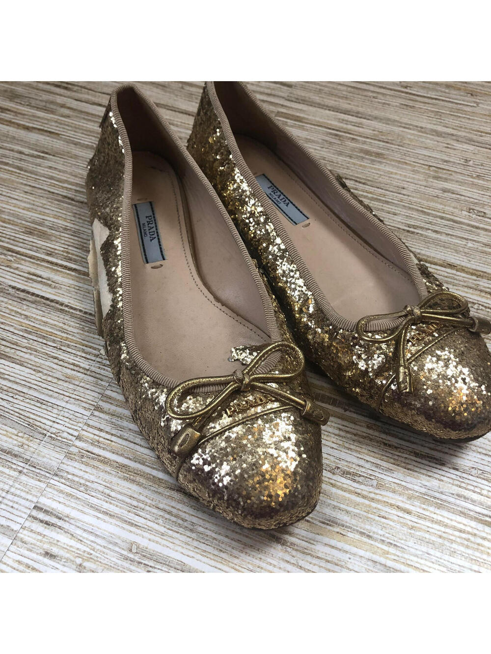 1353 PRADA gold shimmer ballet flats GOLD sz 36.5 *Damage